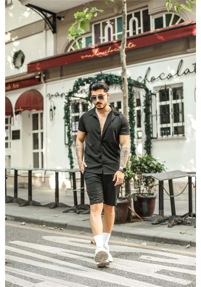 Erkek Siyah Slim Fit Alt Üst Şort Takım-gmlksrt01r01s Siyah Siyah