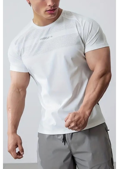 Ghassy Co. Erkek Nem Emici Hızlı Kuruyan Renk Solmayan Atletik Teknik Fitness Spor T-shirt Beyaz