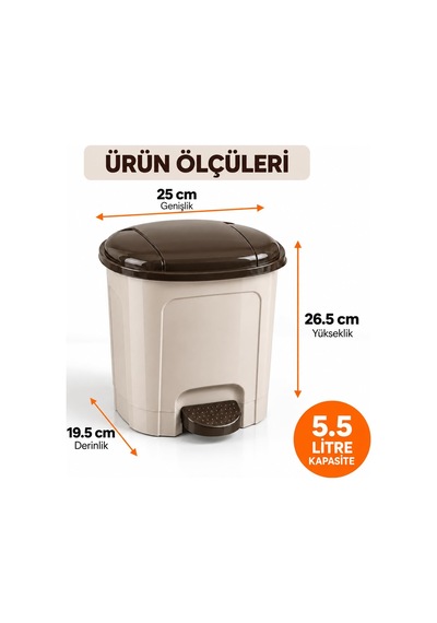 5,5 Litre Plastik Pedallı Çöp Kovası İç Hazneli İç Kovalı Kapaklı Çöp Kutusu, Pedallı Çöp Kutusu, Banyo Ofis Mutfak Çöp Kovası Sütlü Kahve