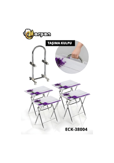 Eranş Serisi 4'lü Katlanır Cam Beyaz Kurdele Desen Çanta Zigon Sehpa Krom Ayak Mor Çiçek Ve Kurdele