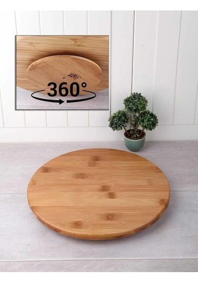 Bambu 360 Derece Dönen Yuvarlak Lüx Servis Sunum Tabağı Pizza Peynir Sunum Tahtası 30 Cm Kahverengi