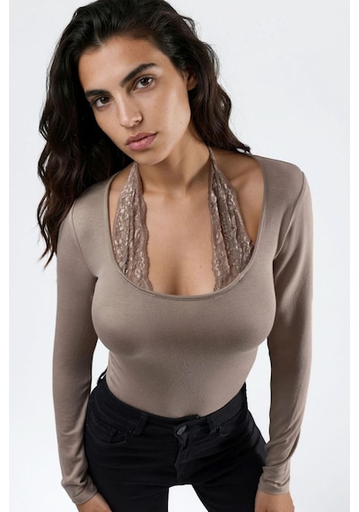 Hiccup Dantel Halter Yakalı Esnek Viskon Top Natural
