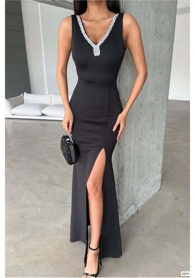 Lior Design Kadın Vintage V Yaka Yırtmaçlı Maxi Abiye Elbise Siyah
