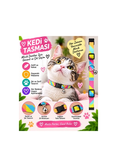 Kedi Tasması Gökkuşağı Renkli Zilli Ayarlanabilir Klipsli Kumaş Kedi Boyun Tasması