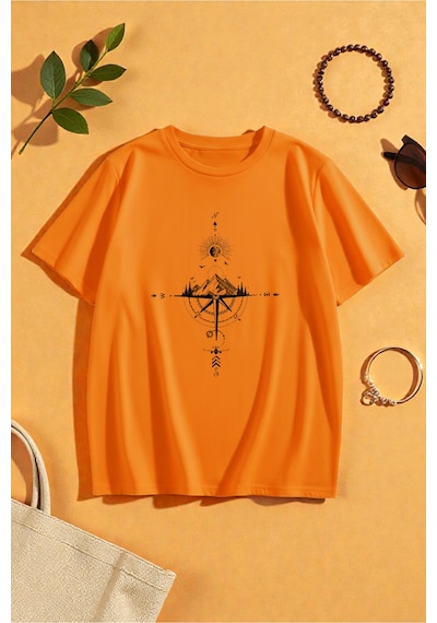 Uyguntarz Unisex Pusula Baskılı Tasarım Tshirt Turuncu