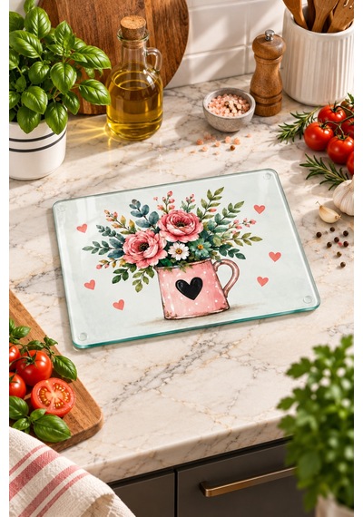 Gökçeoğlu Cam Kesme Tahtası Pembe Kupada Çiçek Temalı - Cam Kesme Tablası 20cm X 30cm Çok Renkli