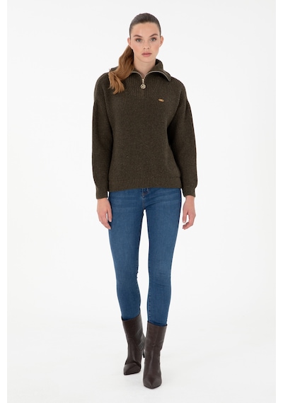 U.S. Polo Assn. Kadın Haki V Yaka Fermuarlı Kazak 50297086-VR027