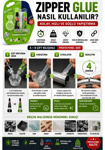 Zipper Glue Şeffaf Çift Bileşenli Güçlü Yapıştırıcı 8 Gr A+b Hızlı Metal Cam Plastik Seramik Ahşap T