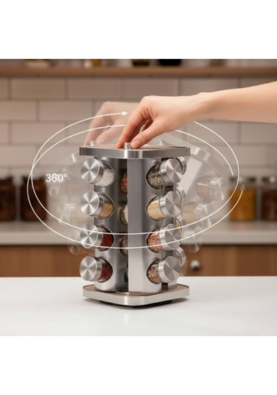 Lı Dönen Standlı Baharatlık Seti Ahşap Detaylı Paslanmaz Çelik Gövde Cam Baharat Kavanozları 360 Döner Mutfak Diğer