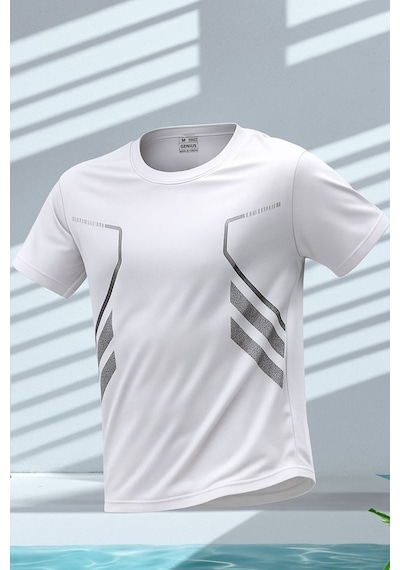 Genius Store Erkek Spor Tişört Antreman Gym Polyester Erkek Sporcu T-shirt Şeritli-tişört Beyaz