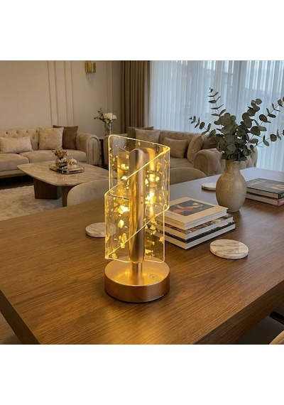 Buffer Çapraz Kavisli Kristal Altın Toz Model Led Masa Lambası Gold Gövdeli, Dokunmatik, 3 Kademe Işık Ayarlı Şarjlı Beyaz