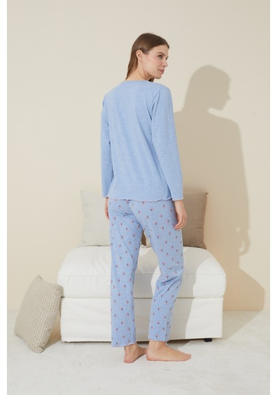 Siyah İnci Pamuklu Örme Pijama Takım 24240124 mavi