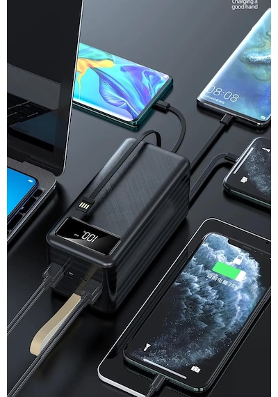 80.000 Mah Powerbank 4 Usb Micro Type-c Lıghtnıng Girişli El Fenerli Taşınabilir Şarj Aleti Siyah