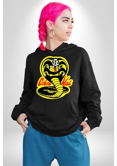 Cobra Kai Karete Çocuk Yılan Logo Dizi Kadın Erkek Siyah Kapüşonlu Sweatshirt Hoodie Siyah