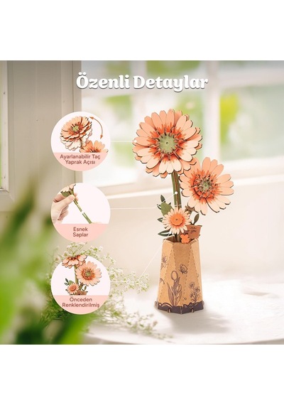 Rowood Tw111 Gerbera Çiçeği Light Orange Gerbera Dıy Minyatür Maket Model Set Ahşap 3d Wooden Puzzle 3d Model Kit Ahşap Maket Dekoratif Hobi Seti