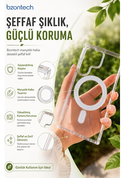 Samsung Uyumlu S24 Ultra Yumuşak Magsafe Kablosuz Şarj Destekli Şeffaf Kılıf Kamera İçin Yükseltilmiş Çerçeve