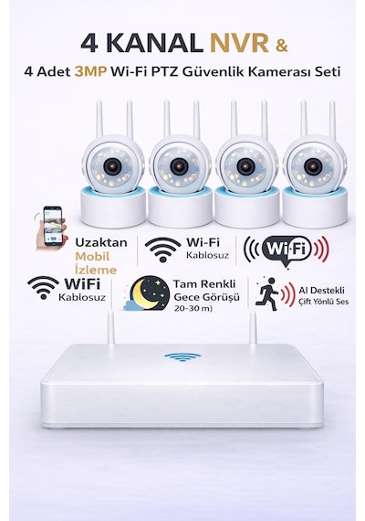Apronx Ds440 4 Kanal Nvr + 3mp 4 Kamera Full Color Mik. Ptz Wifi Setapronx Ds440 4 Kanal Nvr + 3mp 4 Kamera Full Color Mik. Ptz Wifi Set