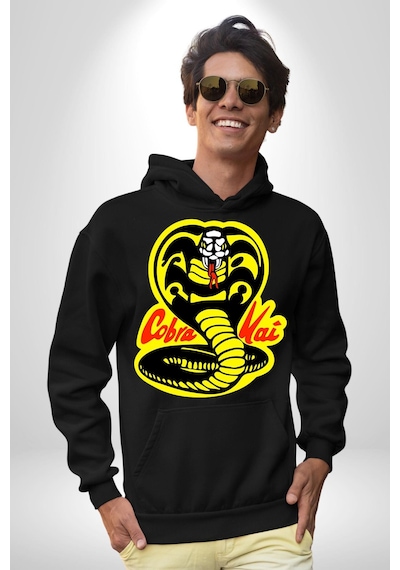Cobra Kai Karete Çocuk Yılan Logo Dizi Kadın Erkek Siyah Kapüşonlu Sweatshirt Hoodie Siyah
