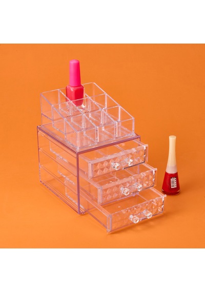 Living Diamond 3 Çekmeceli Takı Ve Makyaj Organizeri - Şeffaf - 15x13x18 Cm Çok Renkli