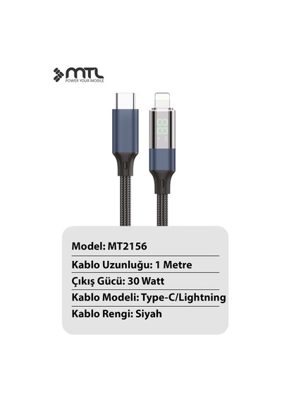 30w Pd Type-c To Apple Uyumlu iPhone Lightning Dijital Watt Göstergeli Hızlı Şarj Kablosu 1 Metre Siyah Mt2156