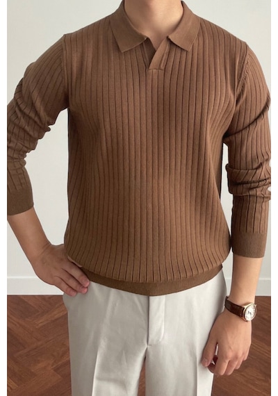 Cool Tarz Erkek Koyu Kahverengi Polo Yaka Fitilli Triko Kazak Koyu Kahverengi Koyu Kahverengi Cool Tarz Erkek Koyu Kahverengi Polo Yaka Fitilli Triko Kazak Koyu Kahverengi Koyu Kahverengi
