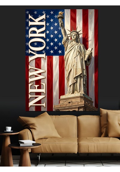 New York Özgürlük Anıtı Ve Bayrak Dekoratif Kanvas - Mdf Ahşap Tablo