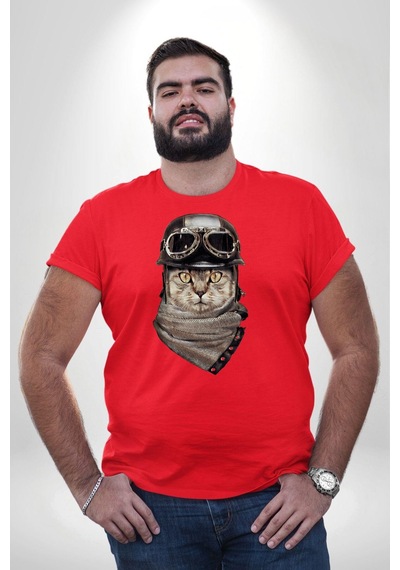 Angemiel Kasket Bandana Motorcu Kedi Kırmızı Büyük Beden Erkek Kadın Unisex Basic Ön Baskılı Tişört Kırmızı