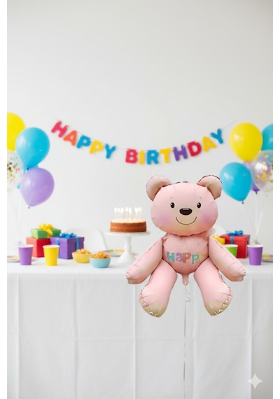 51x54 Cm Oturan Ayı Pembe Folyo Balon - Doğum Günü Parti Dekorasyon Balonu Çok Renkli