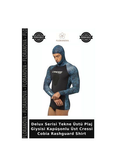 Delux Serisi Tekne Üstü Plaj Giysisi Kapüşonlu Üst Cressi Cobia Rashguard Shirt Blue Camo