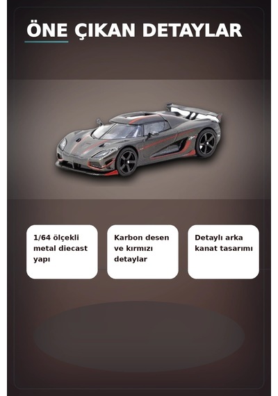 1/64 Siyah Karbon Fiber Kırmızı Detaylı Koenigsegg Agera Rs Diecast Model Araba Bx-313337