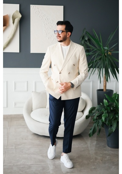 Avni Ceylan Gofre Kumaş İtalyan Stil Slim Fit Kruvaze Erkek Ceket Special Edition Krem