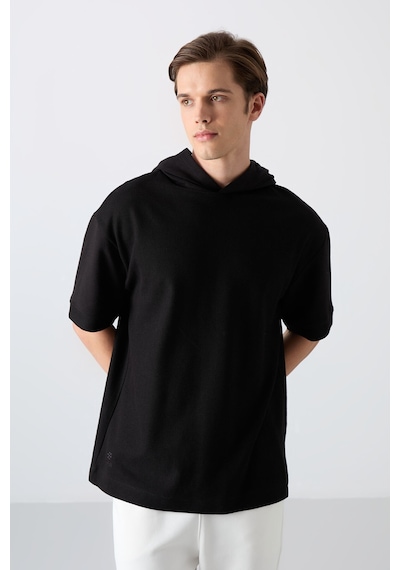 Tommy Life Siyah Pamuklu Kalın Yüzeyi Dokulu Oversize Fit Basic Erkek T-shirt - 88335 Siyah