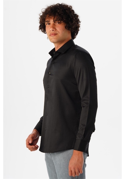 Süvari Siyah Slim Fit Armürlü Klasik Yaka Gömlek