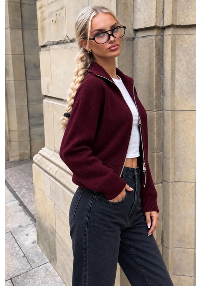 Cool Tarz Kadın Stardart Beden Çift Fermuarlı Dik Yaka Crop Triko Hırka Bordo Bordo