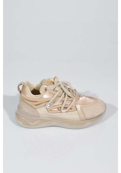 Dgn B1014 Kadin Kalin Taban Bağcikli Sneakers Ayakkabi Bej