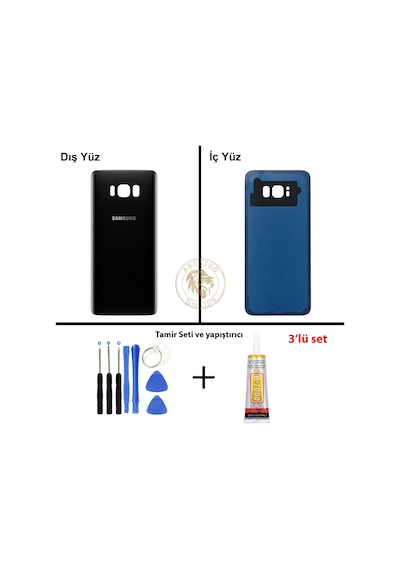 Samsung Galaxy S8 Plus Siyah Renk Arka Kapak + Tamir Seti + B7000 Yapıştırıcı Arka Cam Batarya Kapağı Pil Kapağı Lazer Kesim Back Cover Galaxy S8 Plus Uyumlu