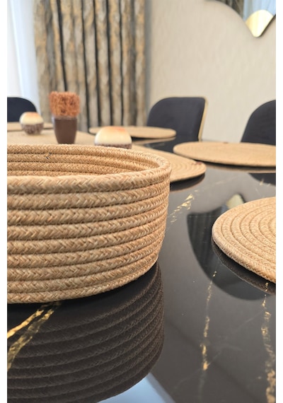 6 Lı Oval Supla 1 Runner 1 Dekoratif Ekmek Sepeti Seti Desenli Sunumluk Yemek Takımı Bej