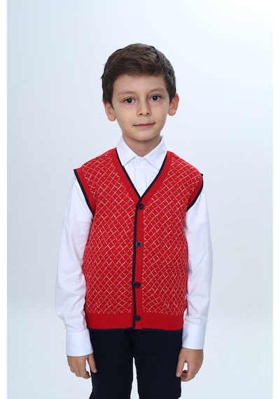 Toontoy Kids Toontoy Erkek Çocuk V Yaka Düğmeli Triko Yelek - Diagonal Desenli Kırmızı