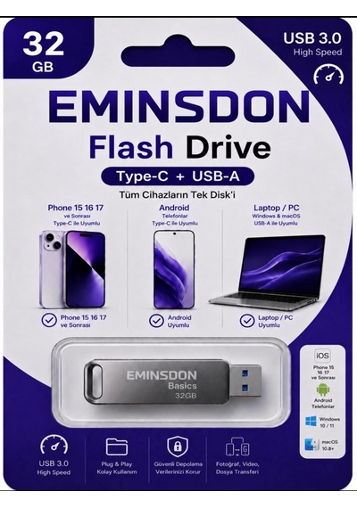 32gb Flash Bellek Android Iphone15 Ve Sonrası Type-c Telefon Bilgisayar Tablet Uyumlu Usb3.0 Usb & Type-c