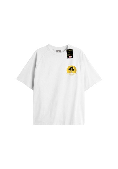 Flood Of Style Beyaz Oversize T-shirt Minimal Güneş Ağaç Özel Tasarım