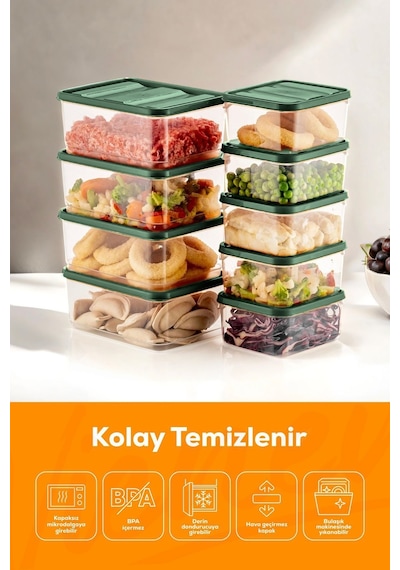 Vienev Buzdolabı Düzenleyici Organizer Mikrodalgaya Uygun Difriz Saklama Kabı Yeşil 10'lu