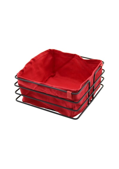 Kare Siyah Metal Kırmızı Bezli Ekmek Sepeti 20x21cm Derinlik 10.5cm Renkli