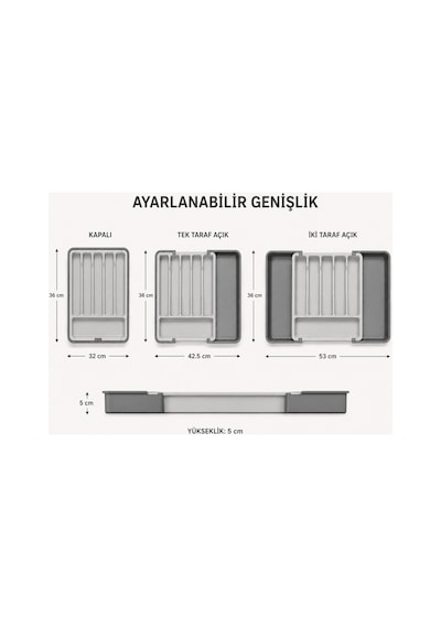Çift Taraflı Uzayabilir Pratik Çekmece İçi Kaşıklık Organizer Ayarlanabilir Sürgülü Gri Renk Kaşıklık Düzenleyici Gri