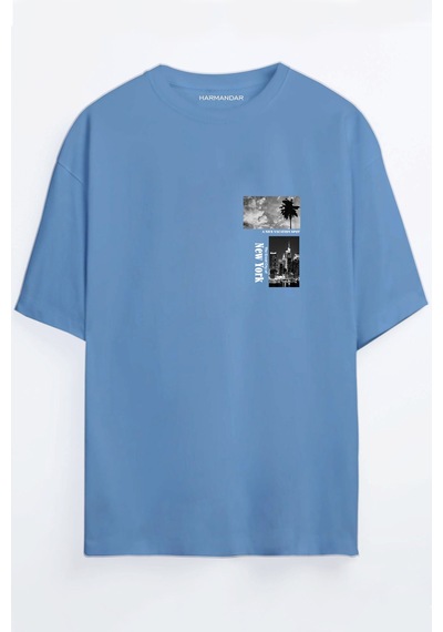 New York Baskılı Bordo - Mavi Oversize T-shirt Mavi