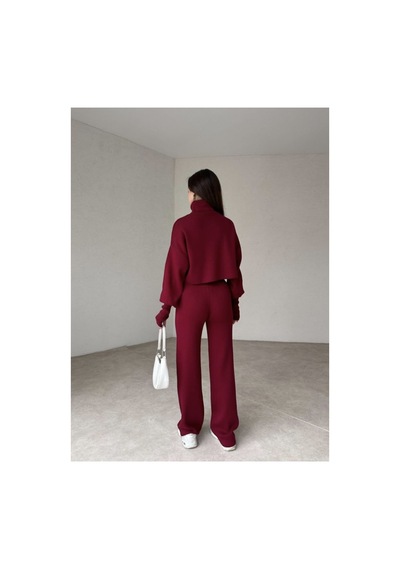 Movella Fashion Balıkçı Yaka Parmak Geçirmeli Movel 2 Li Triko Takım Bordo Bordo