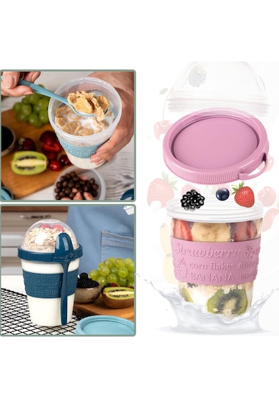 Renkli Take And Go Kaşıklı Hazneli Meyveli Yoğurt Kabı Iş Atıştırmalık Diyet Müsli Granola Sü Sku: Smg8690010171634 Açık Mavi