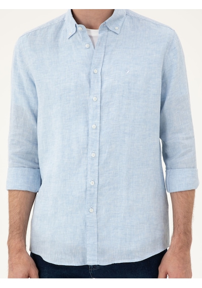 Cacharel Mavi Regular Fit %100 Keten Gömlek