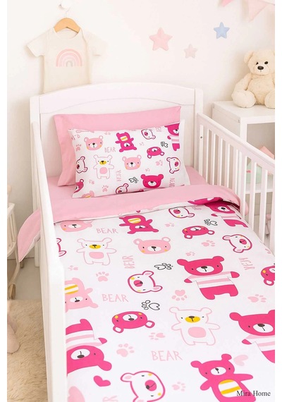 Dijital Baskılı 3d Pamuklu Yenidoğan Bebek Nevresim Takımı Bear Toy Pink Çok Renkli