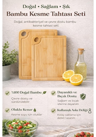 Vıvaluxe 2 Li Bambu Kesme Tahtası Seti, Doğal Ve Dayanıklı Ahşap Mutfak Panosu, Bıçak Dostu Yüz