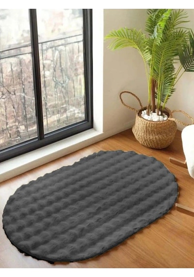 Raschel Carpet Koyu Gri Yumuşak Bubble Kaymaz Özel Taban Oval Peluş Halı Yolluk
